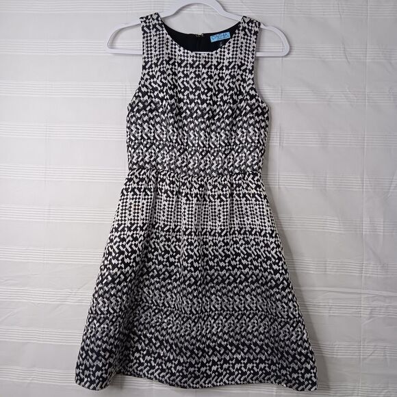 Cynthia Rowley Metallic Geo Pattern Fit & Flare Dress Black White Silver Size 2 - Picture 6 of 14